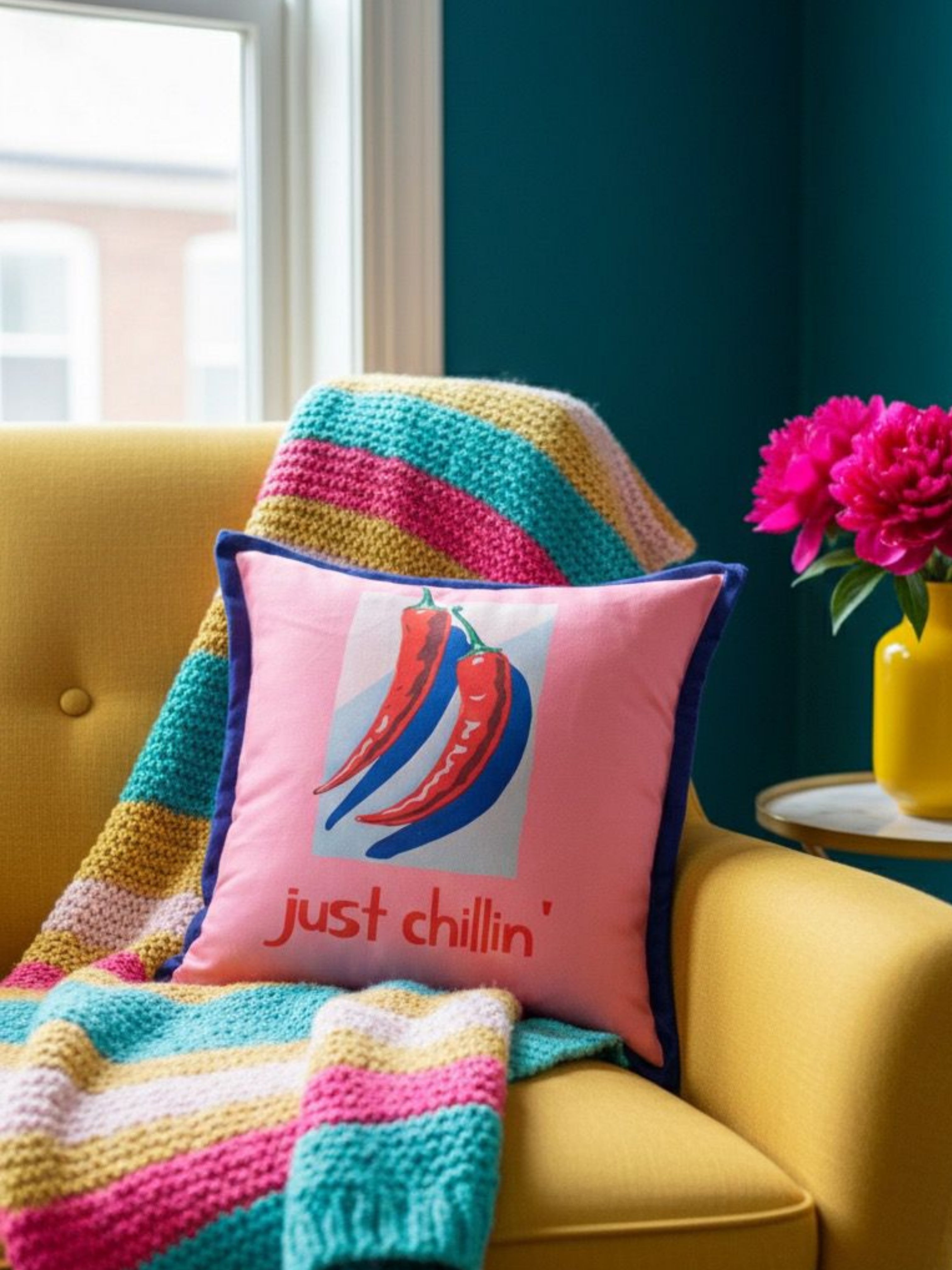 Just Chillin Yazılı Çift Taraflı Süet Kırlent Kılıfı - 43x43cm