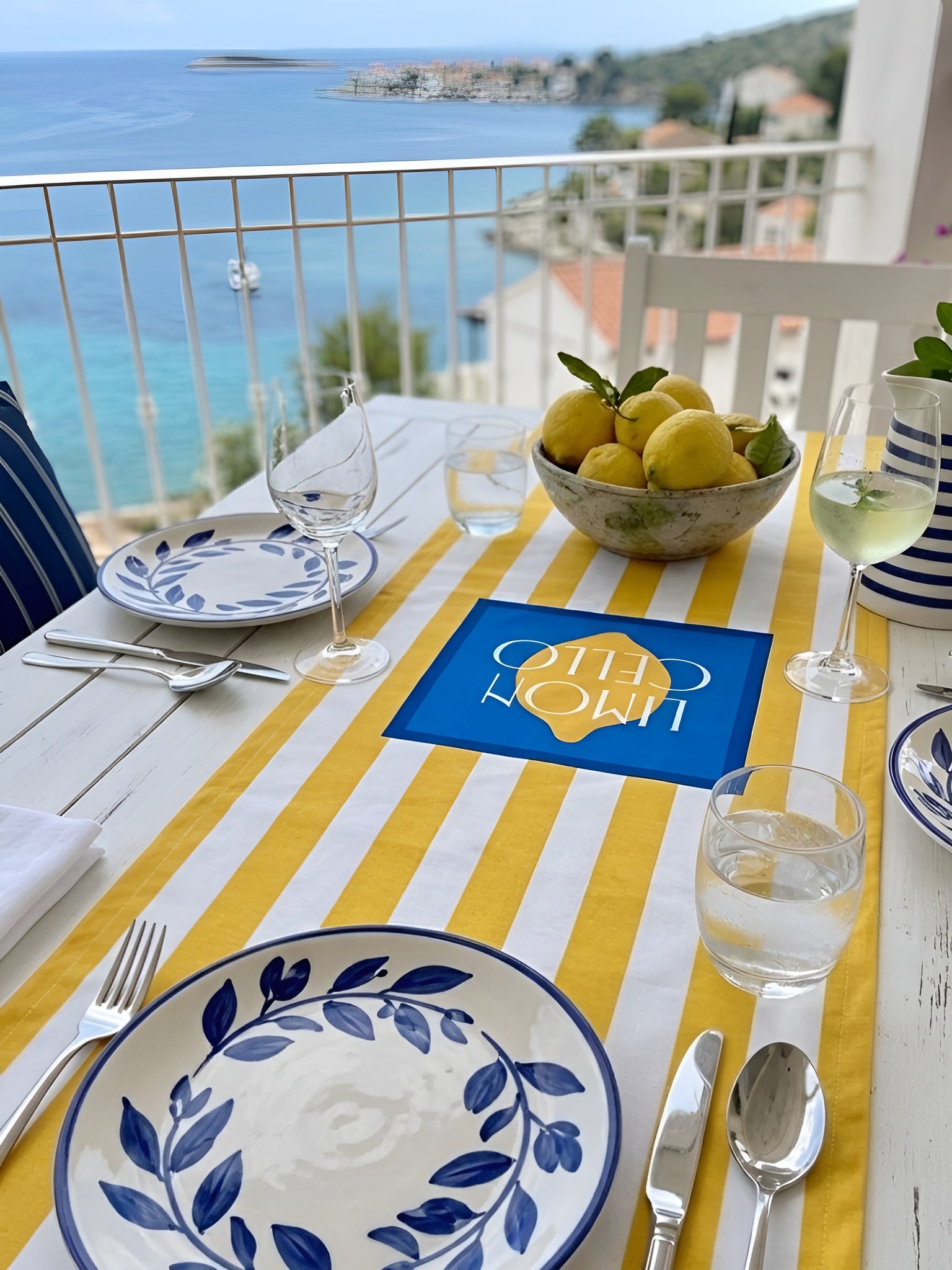 Limon Cello Desenli Sarı Çizgili Yazlık Dekoratif Runner - 45x145 cm