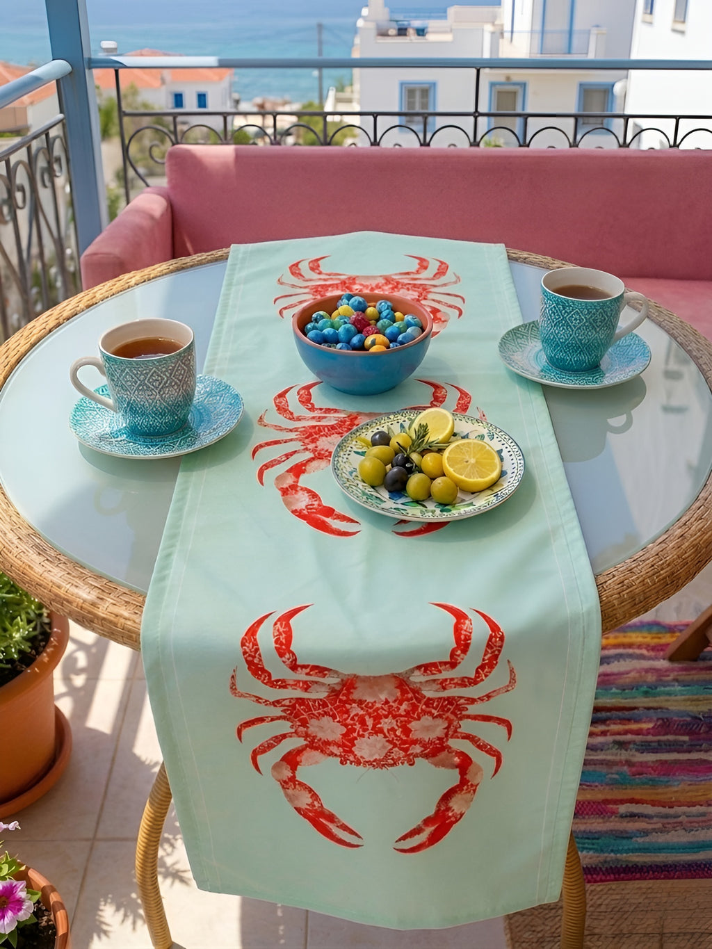 Yengeç Desenli Dekoratif Su Yeşili Yazlık Runner - 45x145 cm