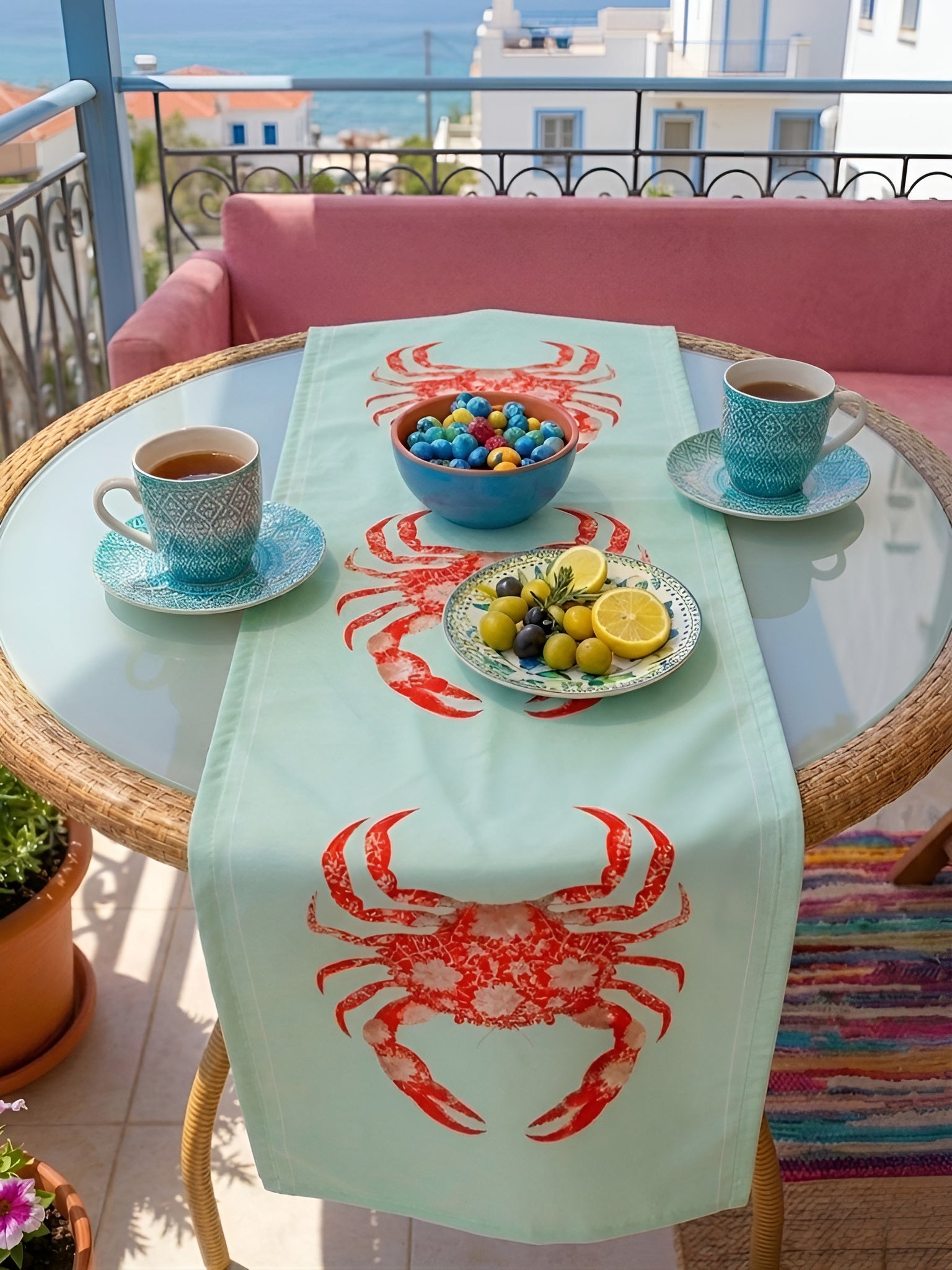 Yengeç Desenli Dekoratif Su Yeşili Yazlık Runner - 45x145 cm