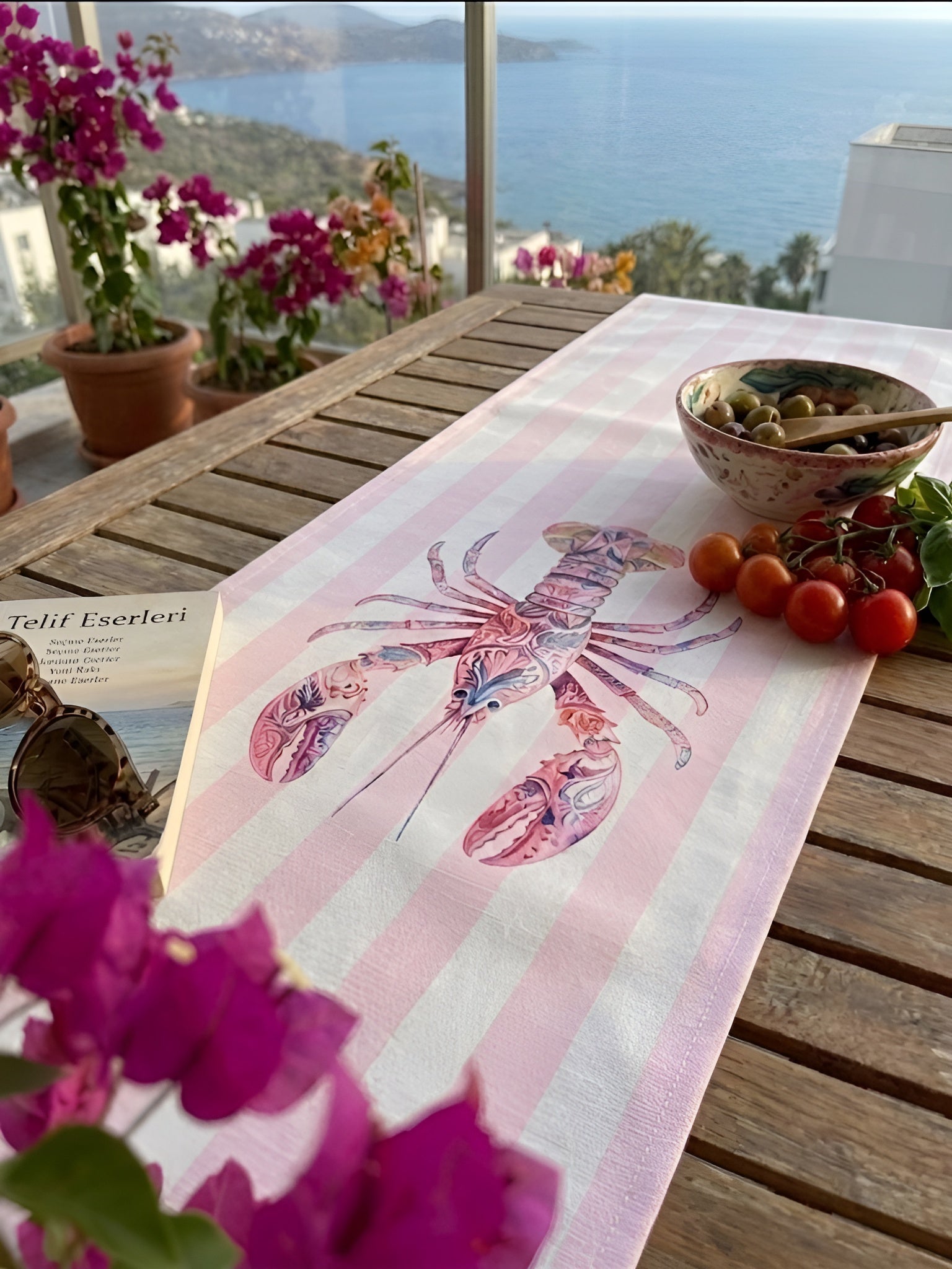 Istakoz Desenli Pembe Çizgili Yazlık Runner - 45x145 cm