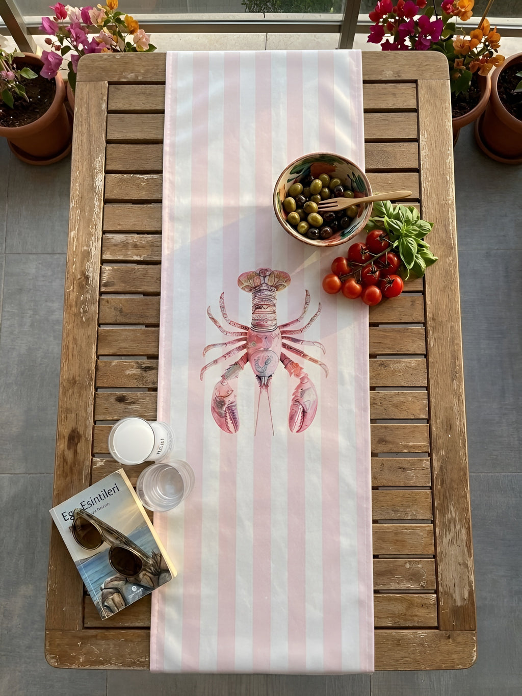 Istakoz Desenli Pembe Çizgili Yazlık Runner - 45x145 cm