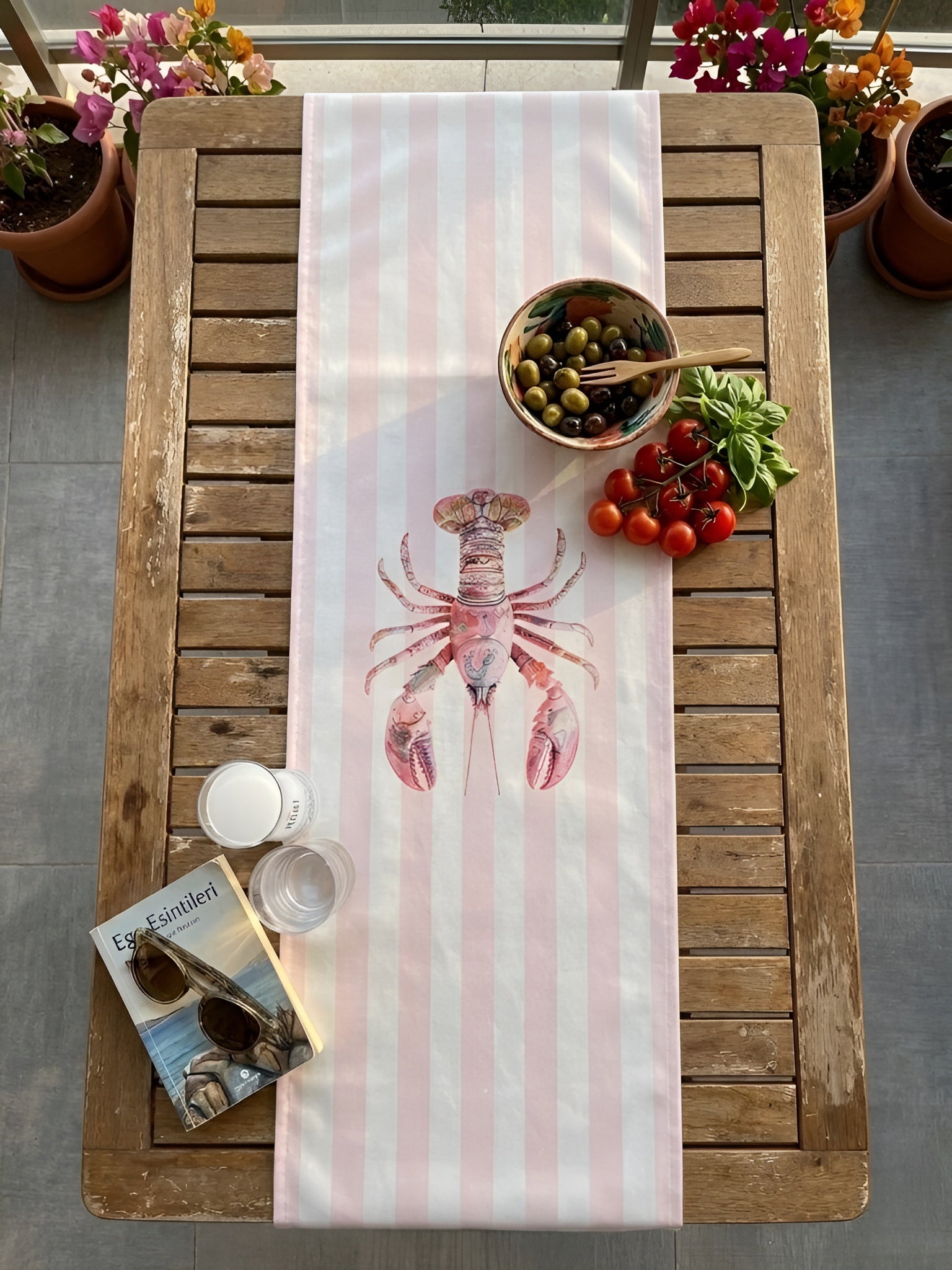 Istakoz Desenli Pembe Çizgili Yazlık Runner - 45x145 cm