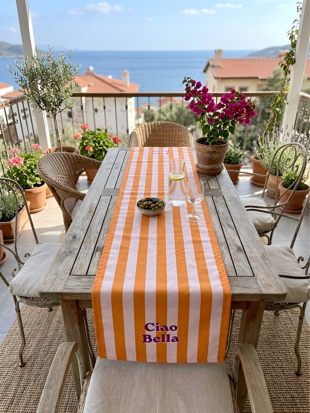 Ciao Bella Yazılı Turuncu Çizgili Dekoratif Runner - 45x145 cm
