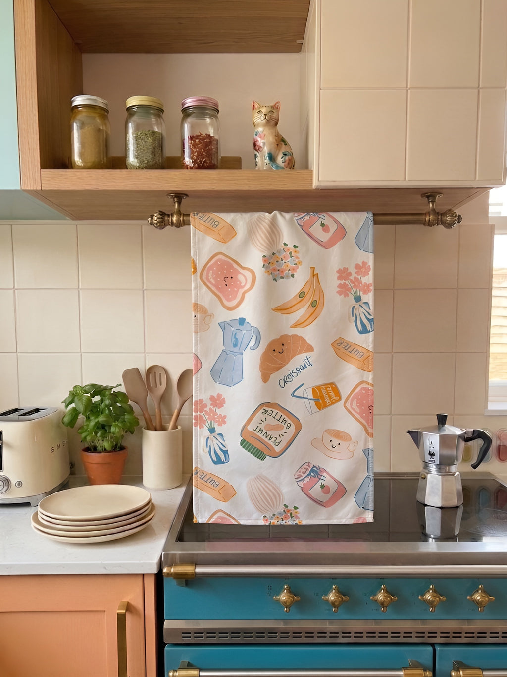 Kahvaltı Kruvasan Temalı 2li Krem Mutfak Havlusu Seti - 30x50 cm