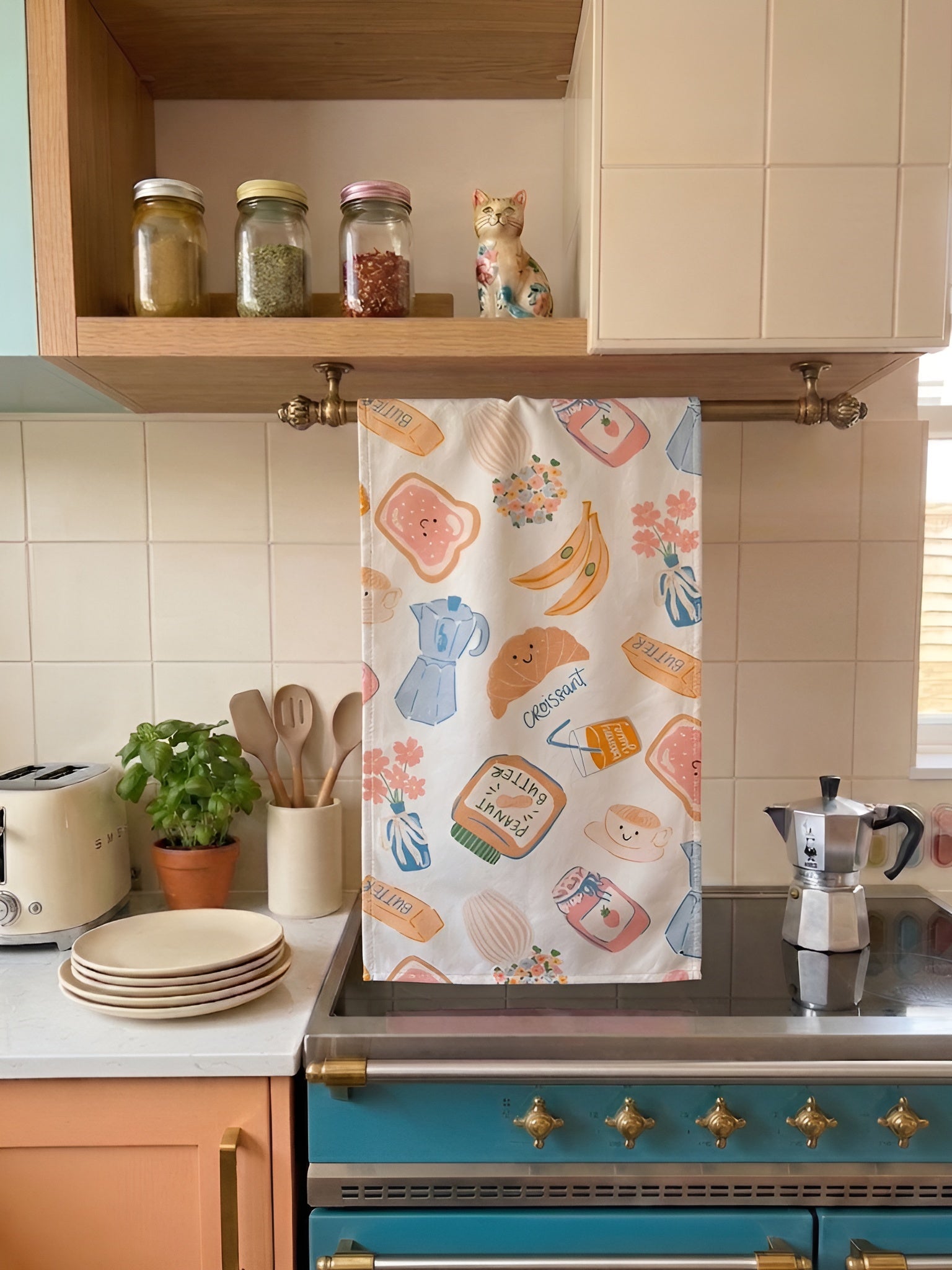 Kahvaltı Kruvasan Temalı 2li Krem Mutfak Havlusu Seti - 30x50 cm