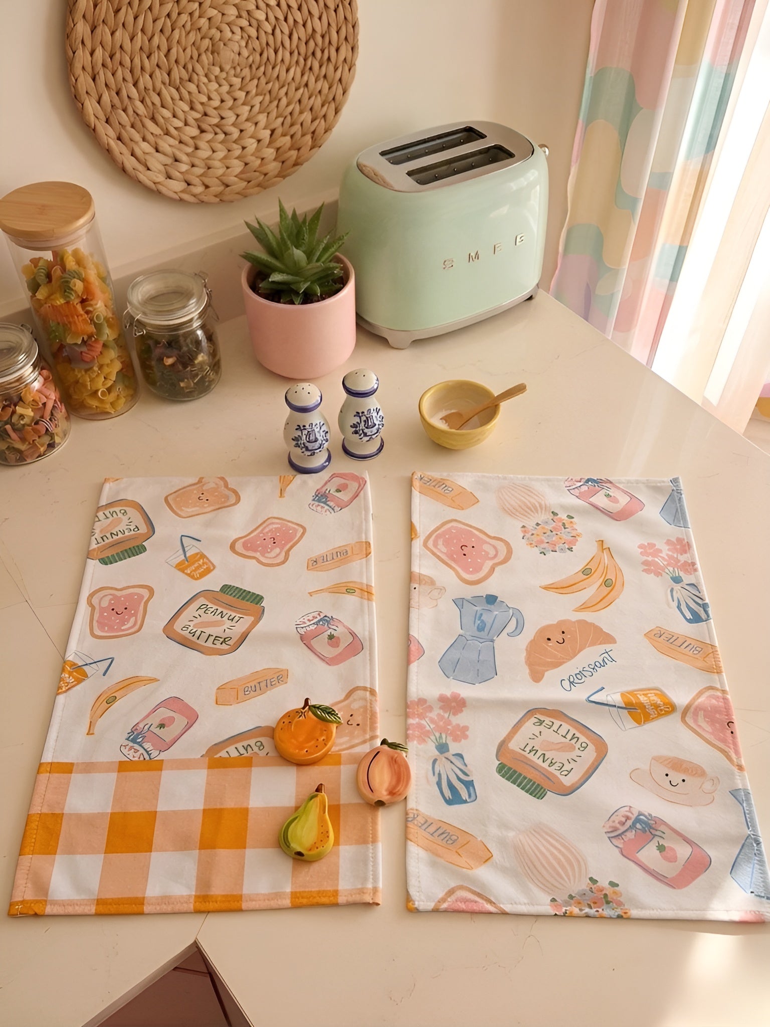 Kahvaltı Kruvasan Temalı 2li Krem Mutfak Havlusu Seti - 30x50 cm