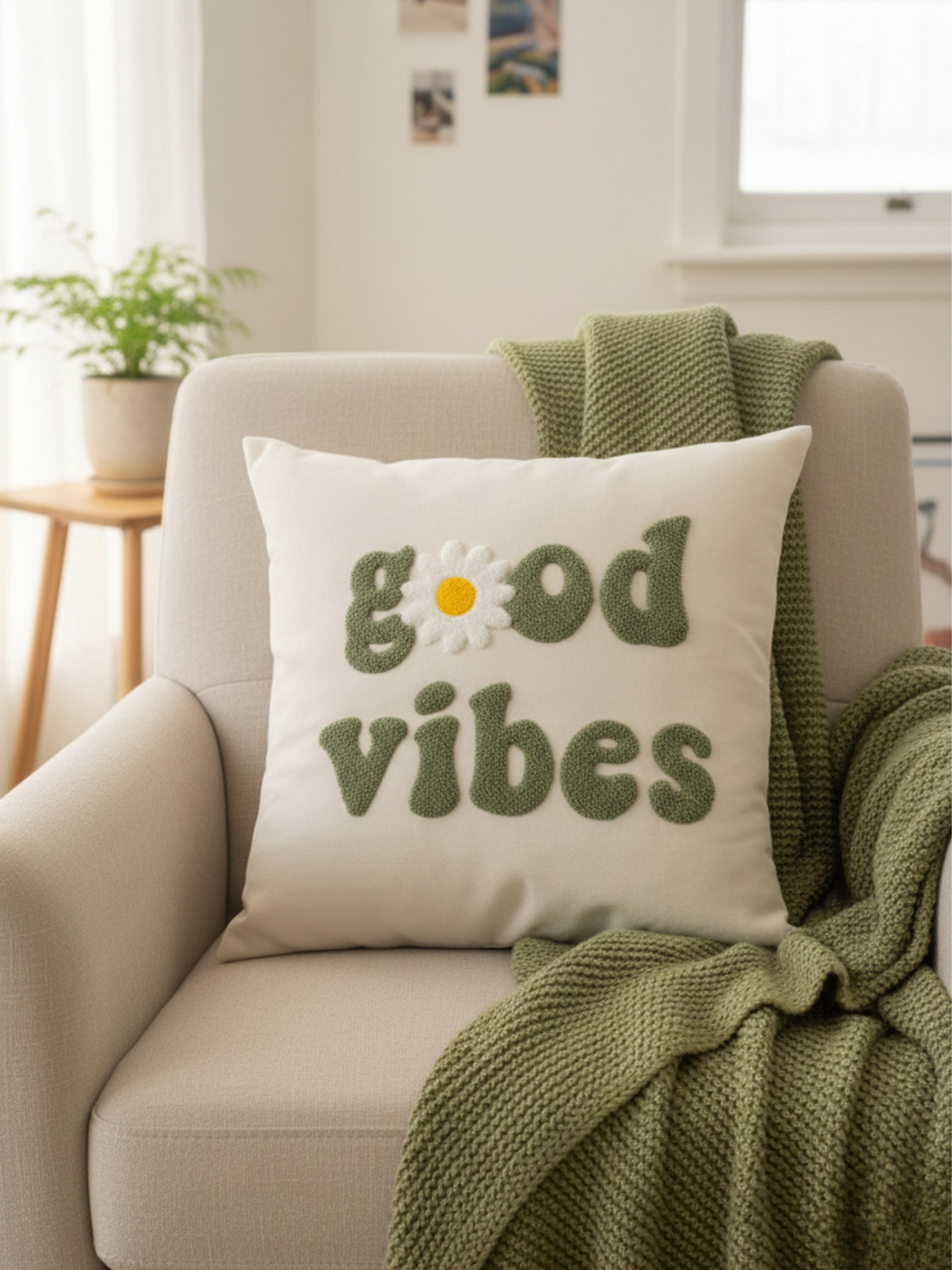 Yeşil Good Vibes - Chill Here Punch İşlemeli 2li Kırlent Kılıfı - 43x43 cm