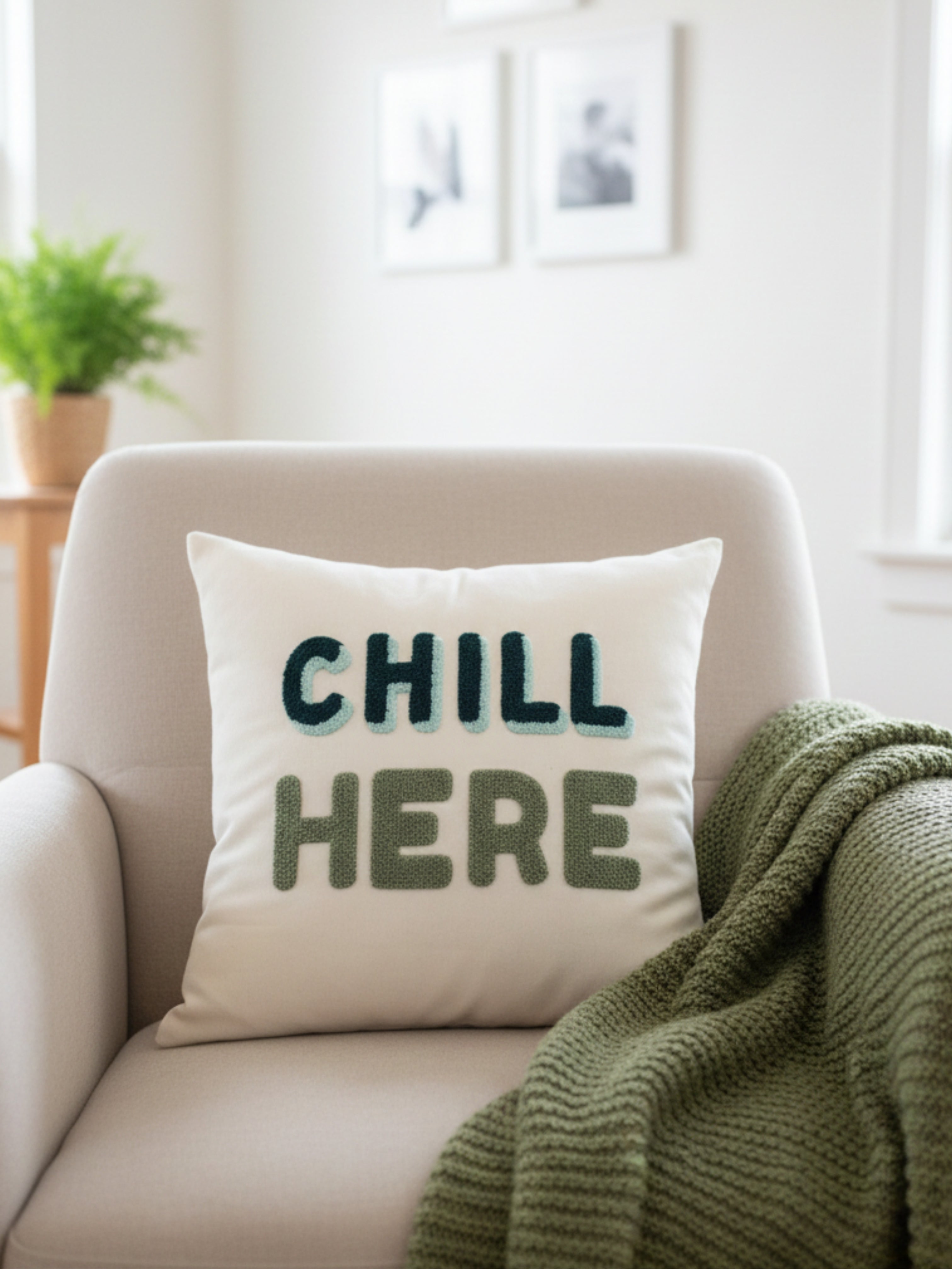 Yeşil Good Vibes - Chill Here Punch İşlemeli 2li Kırlent Kılıfı - 43x43 cm
