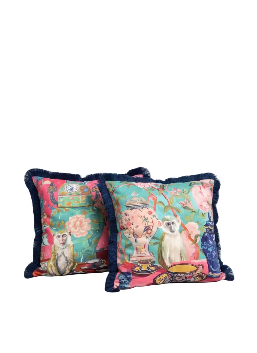 Maymun Desenli Çift Taraflı Saçaklı 2li Dekoratif Kırlent Kılıfı Seti - 43x43 cm