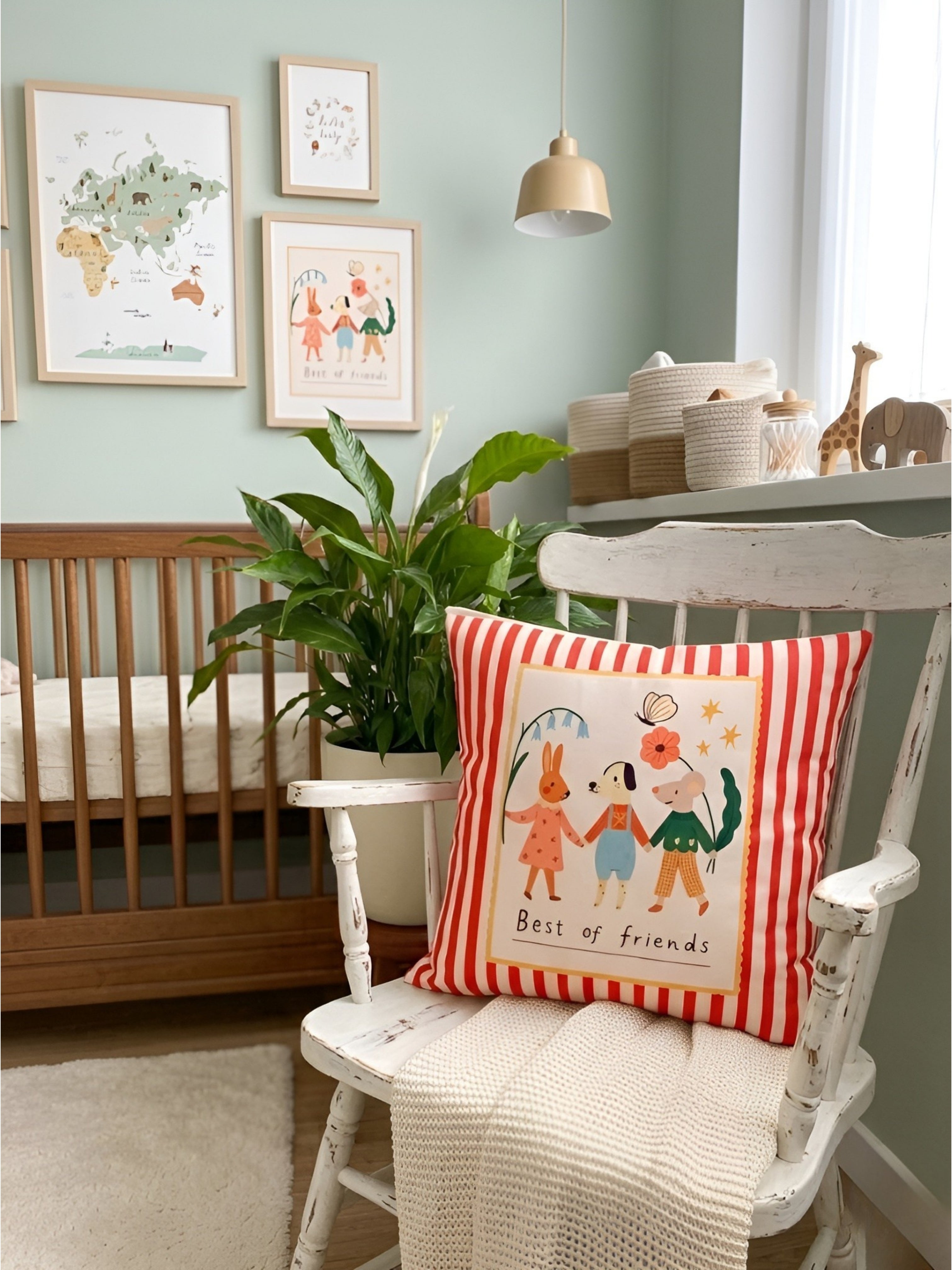 Çocuk Odası Dekoratif Kırmızı Çizgili Süet Kırlent Kılıfı - Çocuk Odası Kırlent Kılıfı - 43x43cm