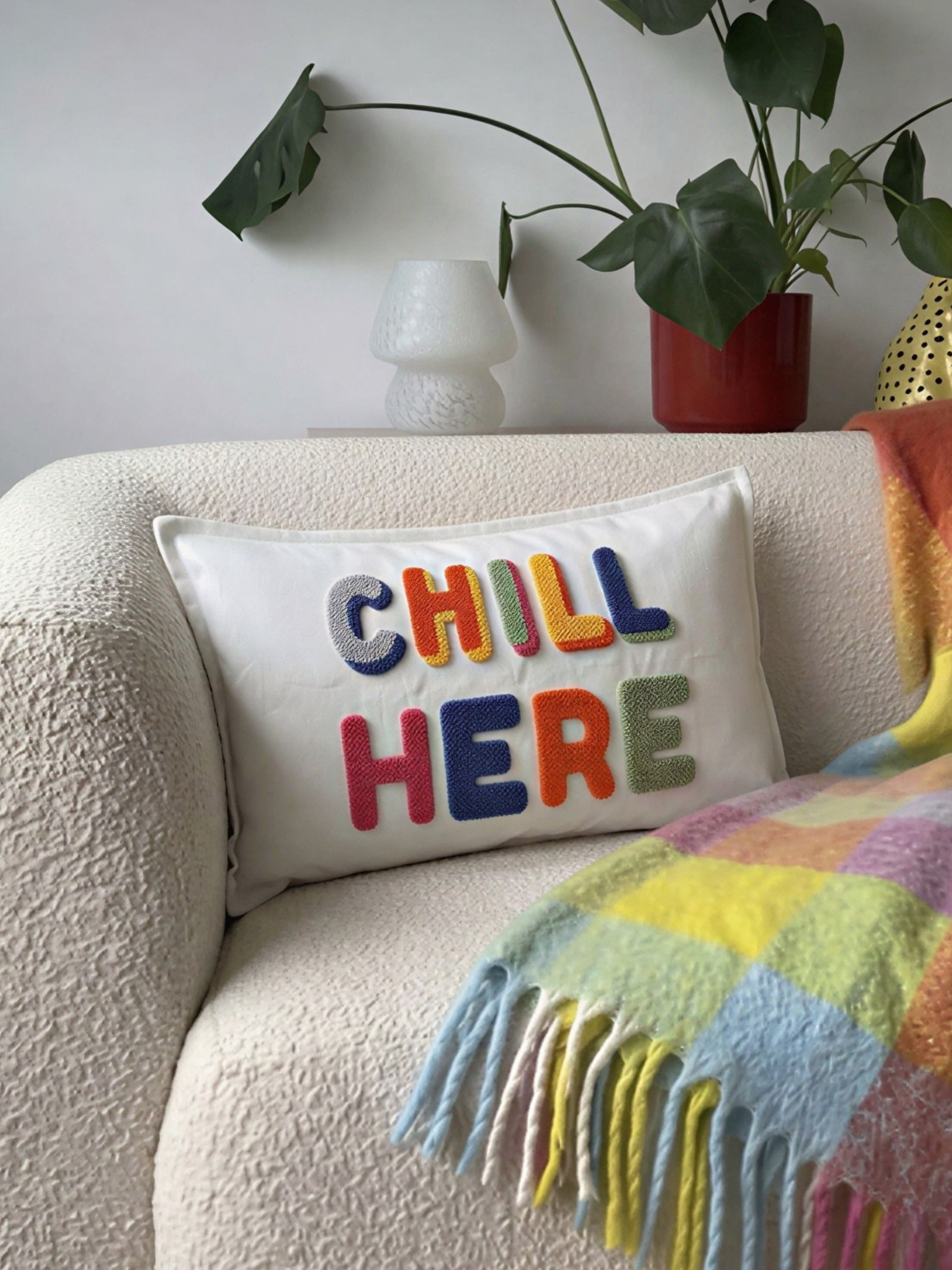 Chill Here Yazılı Dekoratif Punch İşlemeli Kırlent Kılıfı