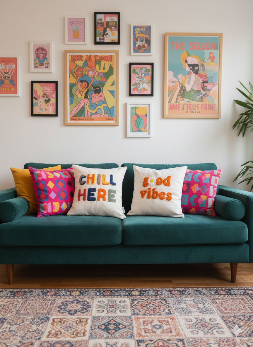 Chill Here - Good Vibes Yazılı Punch İşlemeli 2li Kırlent Kılıfı Seti - 43x43 cm