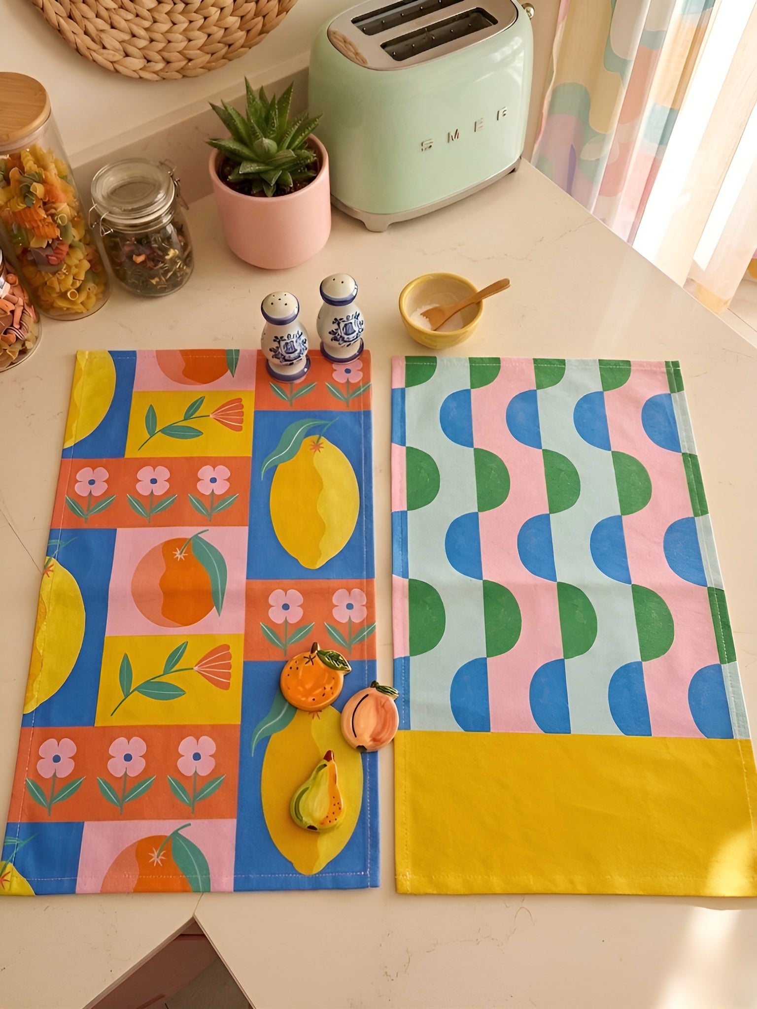 Limon - Çiçek Desenli 2li Renkli Mutfak Havlusu Seti - 30x50 cm