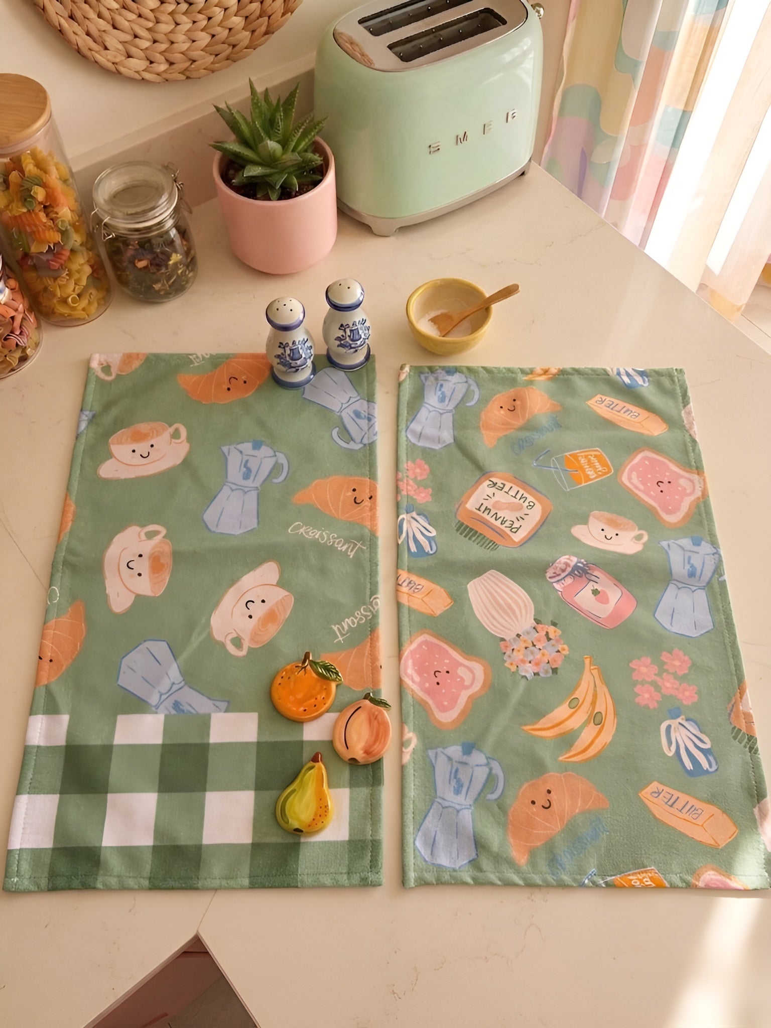Kahvaltı Kruvasan Temalı 2li Yeşil Mutfak Havlusu Seti - 30x50 cm