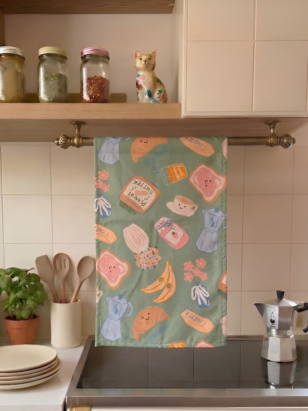 Kahvaltı Kruvasan Temalı 2li Yeşil Mutfak Havlusu Seti - 30x50 cm