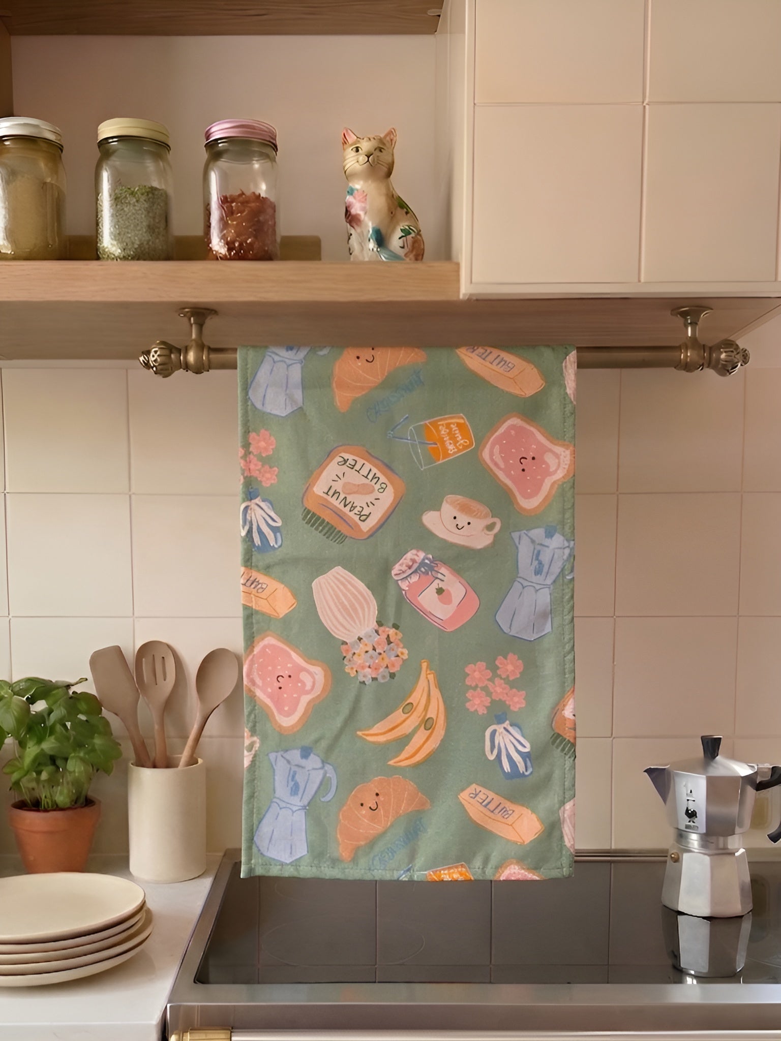 Kahvaltı Kruvasan Temalı 2li Yeşil Mutfak Havlusu Seti - 30x50 cm