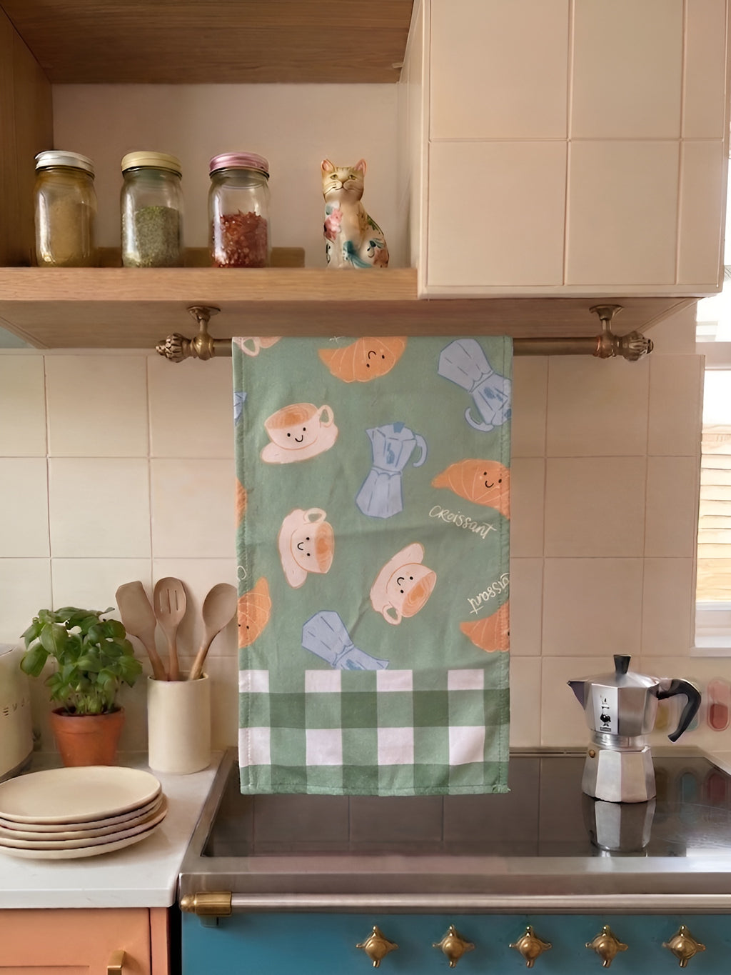 Kahvaltı Kruvasan Temalı 2li Yeşil Mutfak Havlusu Seti - 30x50 cm