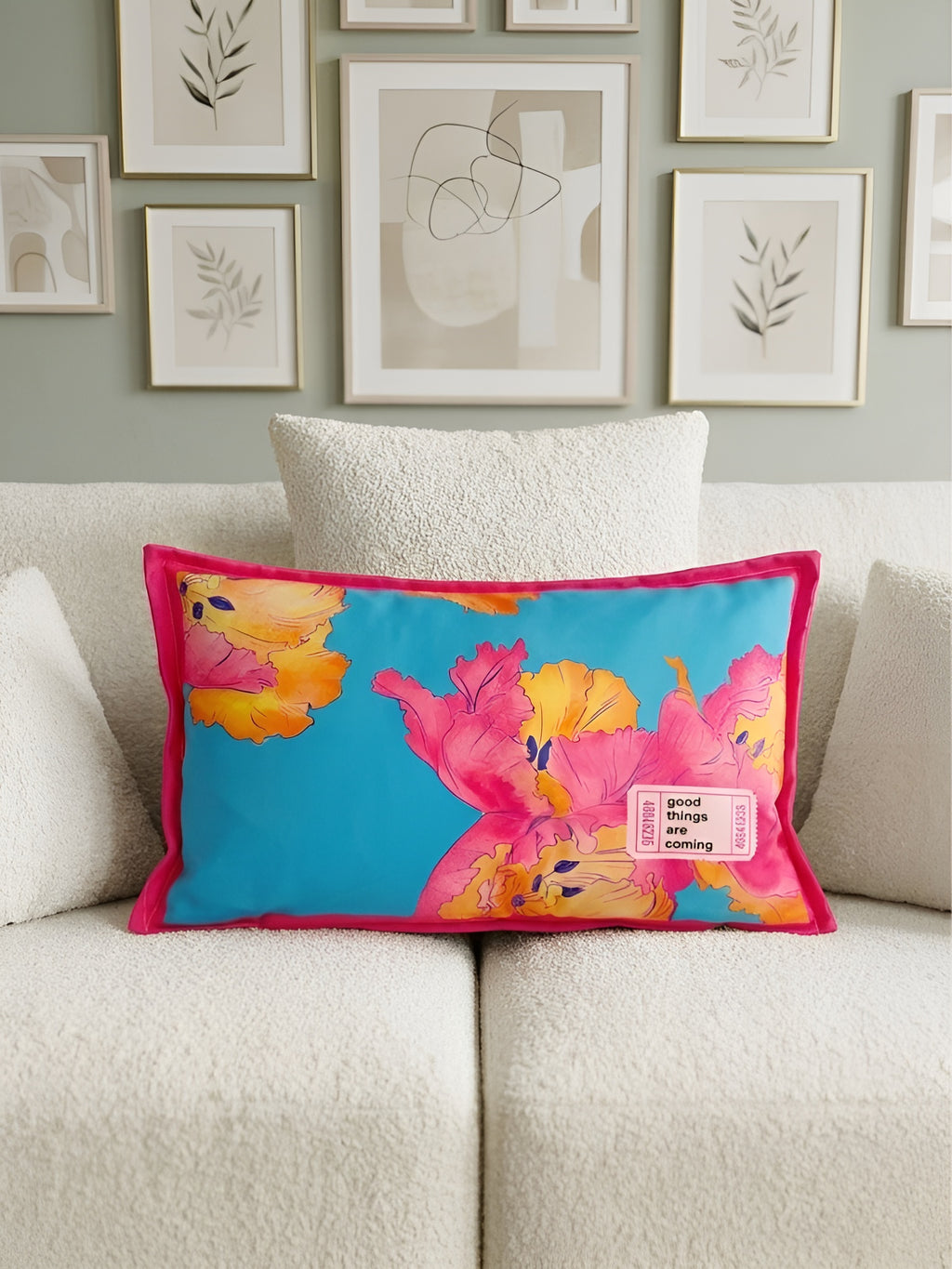 Pembe Çiçek Desenli Dekoratif Kırlent Kılıfı - 30x50 cm