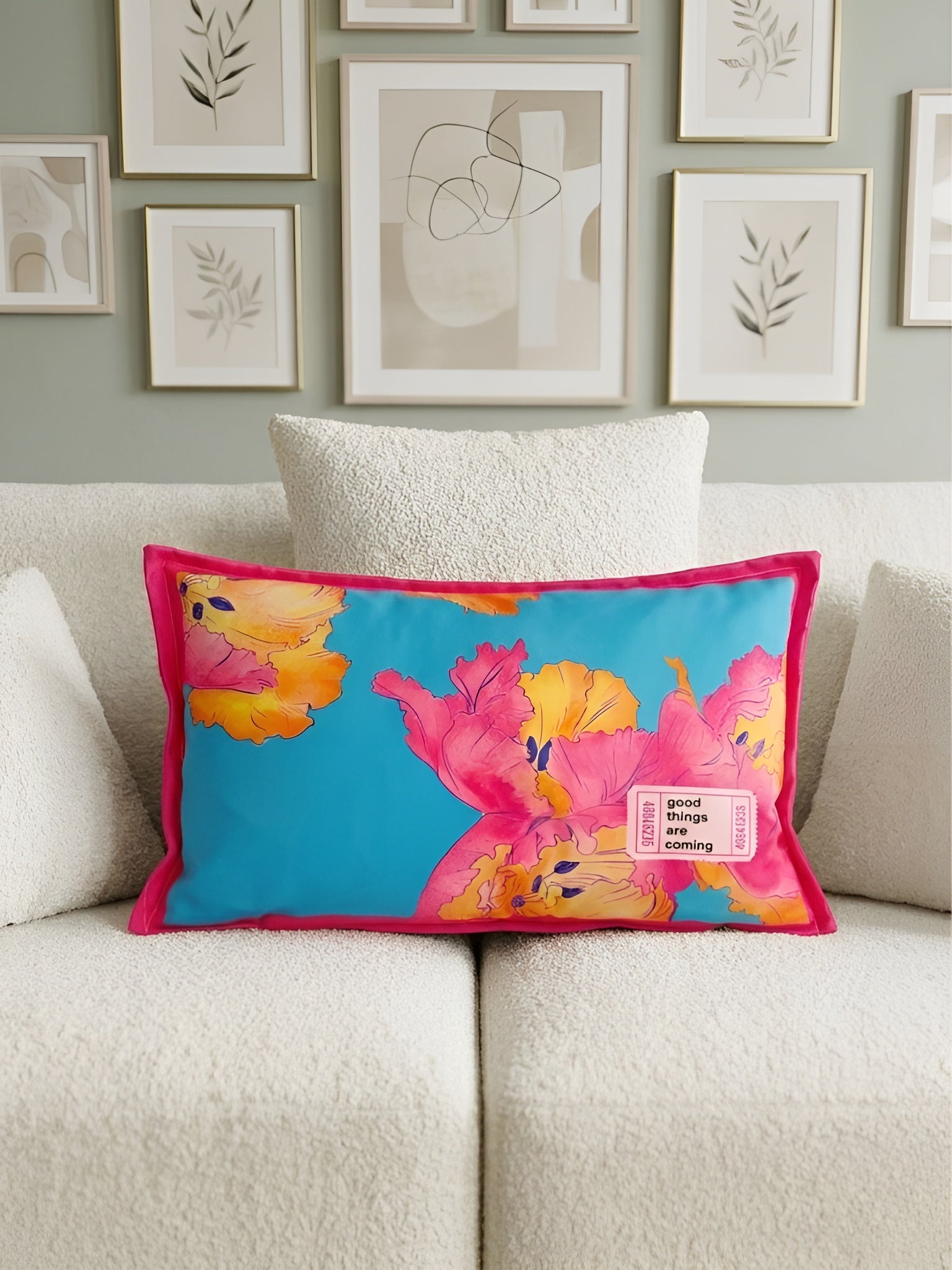 Pembe Çiçek Desenli Dekoratif Kırlent Kılıfı - 30x50 cm