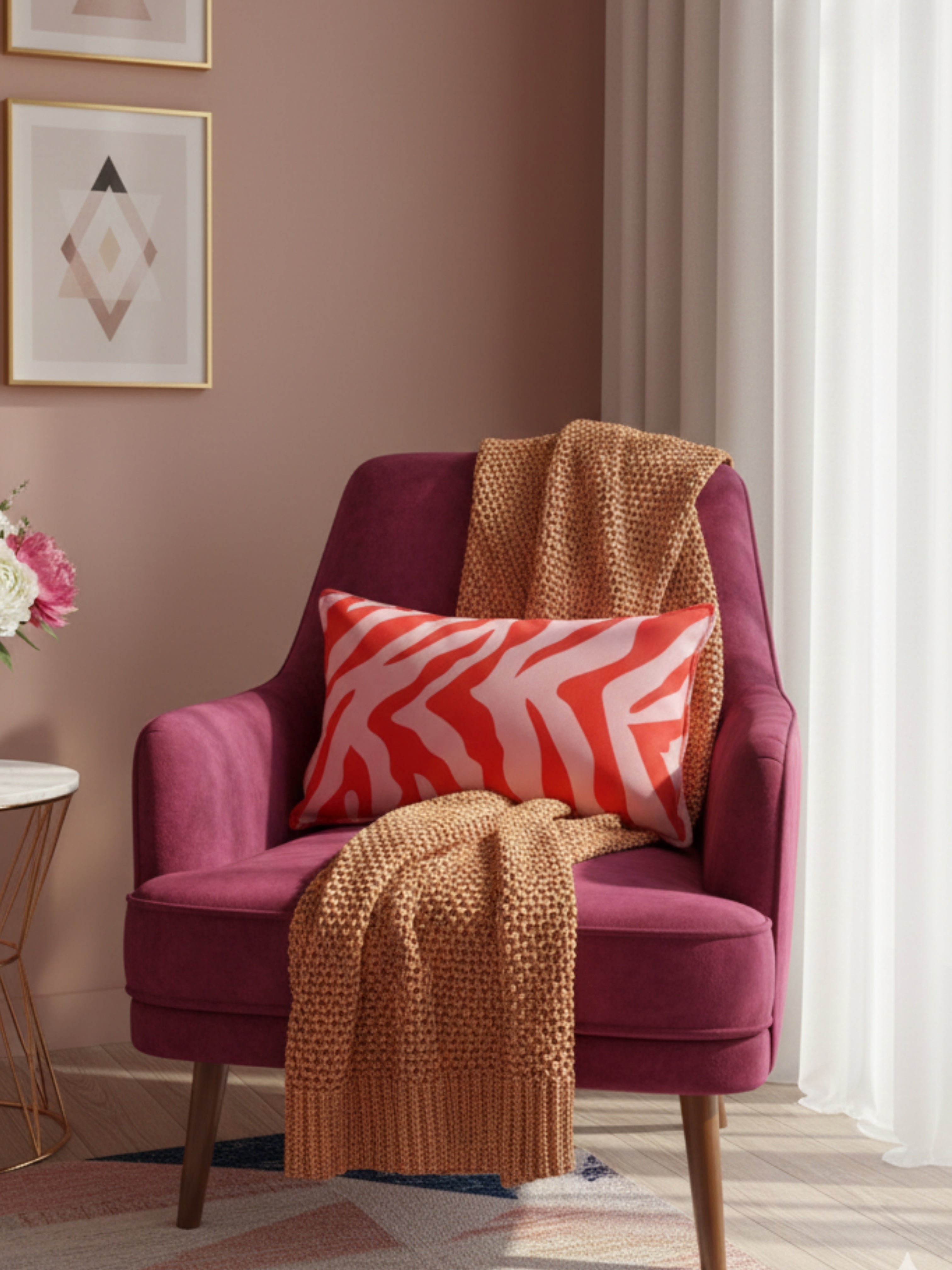 Zebra Desenli Kırmızı Pembe Süet Kırlent Kılıfı